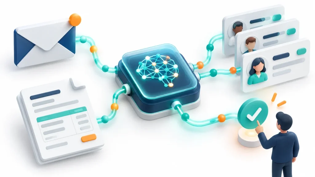AI работен процес свързва имейли, документи и CRM с човешко одобрение
