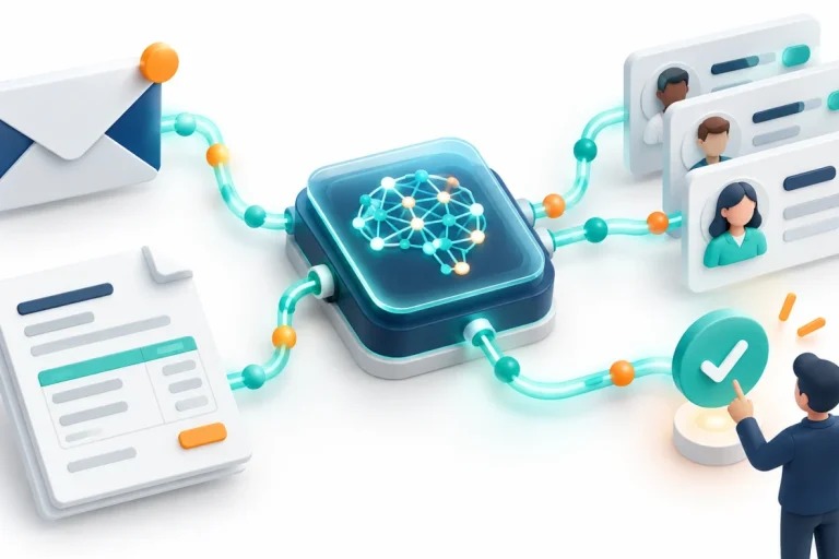 AI работен процес свързва имейли, документи и CRM с човешко одобрение
